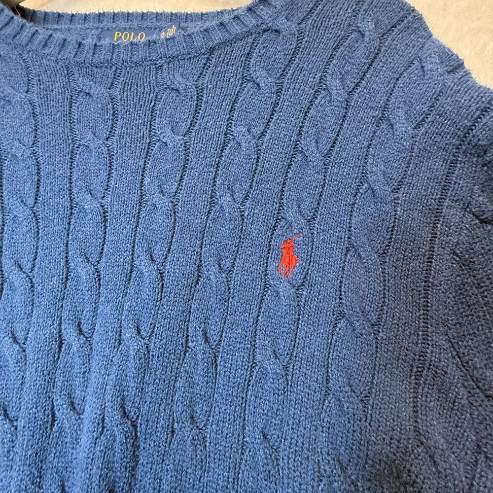 Polo Ralph Lauren Blue Cable Knit Sweater Classic Crewneck Cotton XL Men's